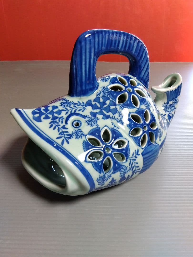 「大魚型の藍染焼き香炉親子」２点セット