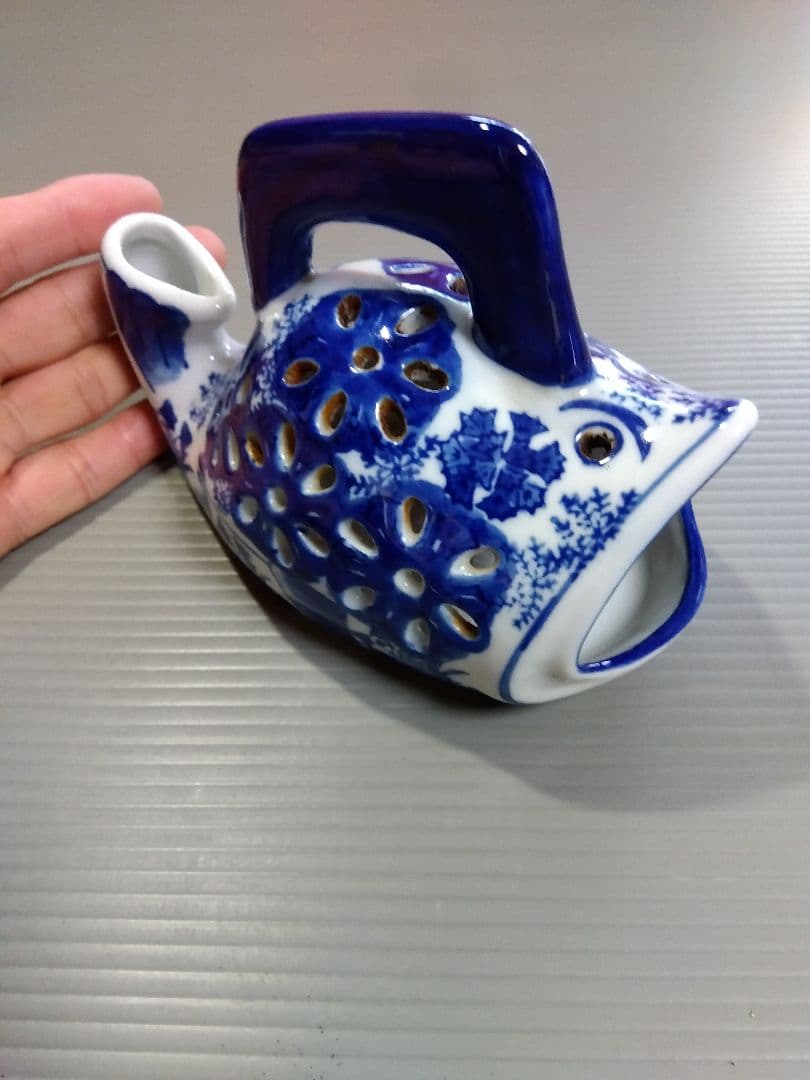 「大魚型の藍染焼き香炉親子」２点セット