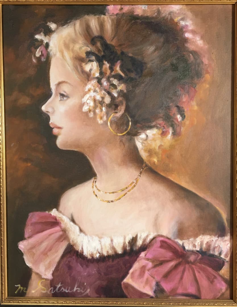 ○【五月みどり】美品 五月みどり 油彩 直筆サイン 歌手 女優 額縦約60cm