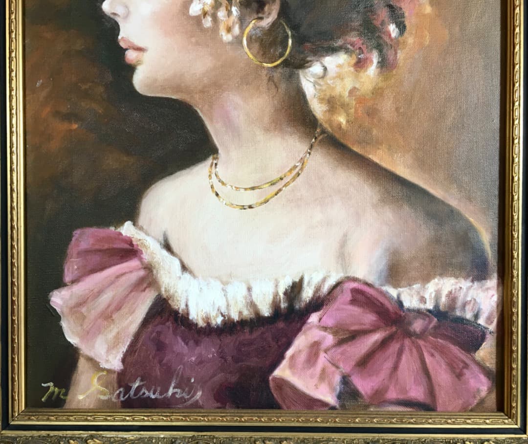 ○【五月みどり】美品 五月みどり 油彩 直筆サイン 歌手 女優 額縦約60cm