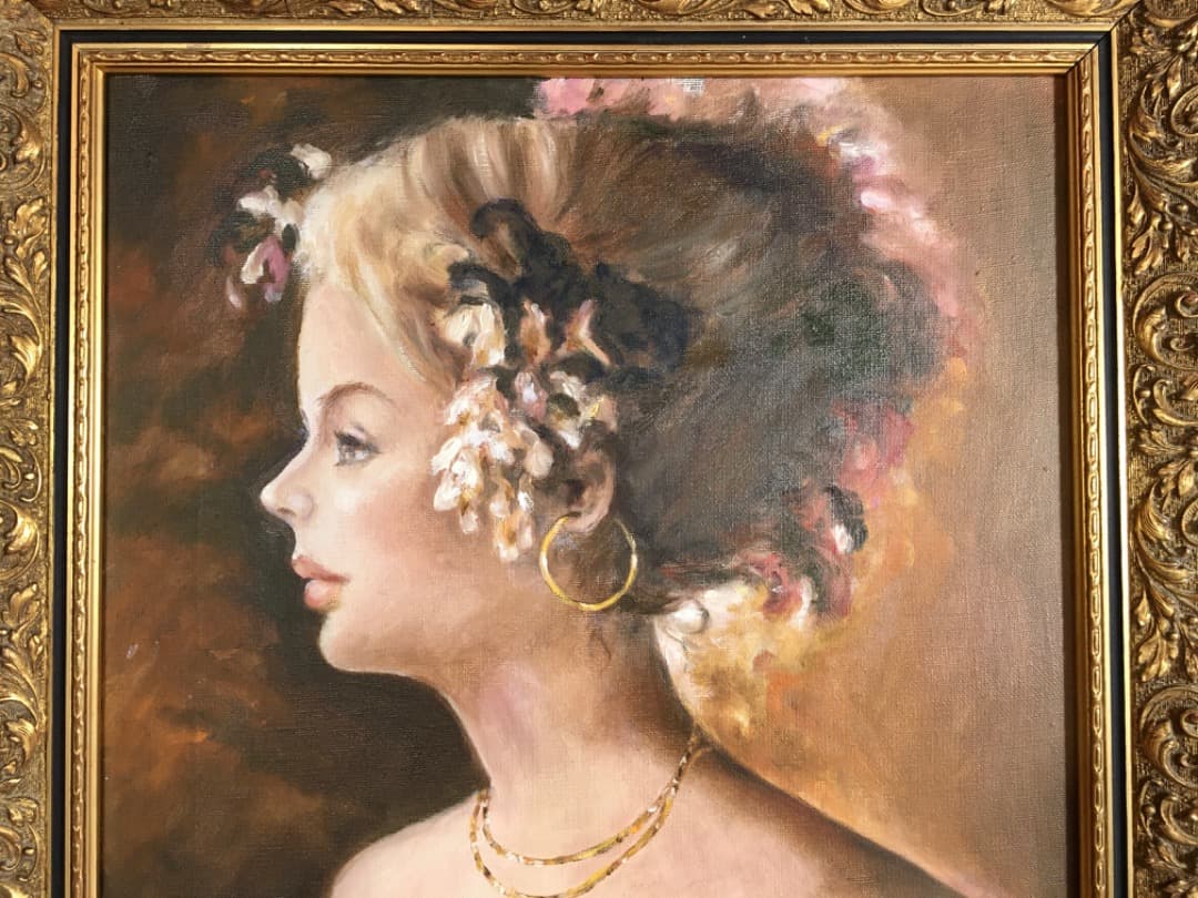 ○【五月みどり】美品 五月みどり 油彩 直筆サイン 歌手 女優 額縦約60cm