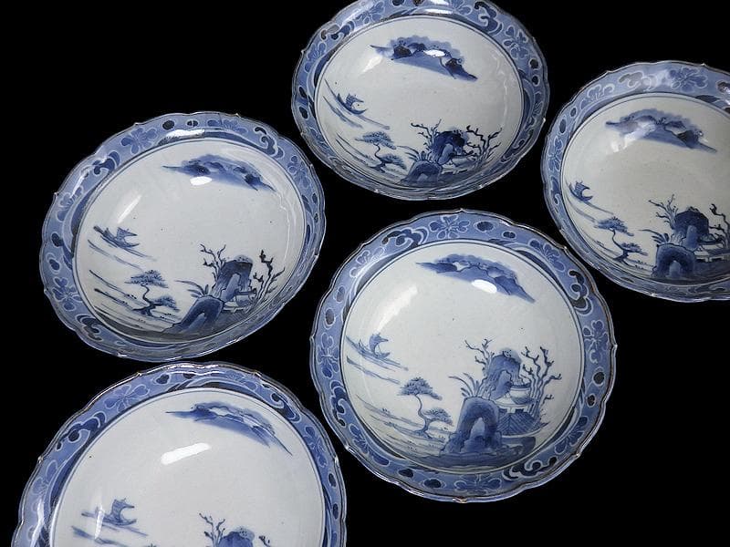 古伊万里　染付　墨弾　桜花に波　楼閣山水図　膾皿　５客　A634AS-CVz