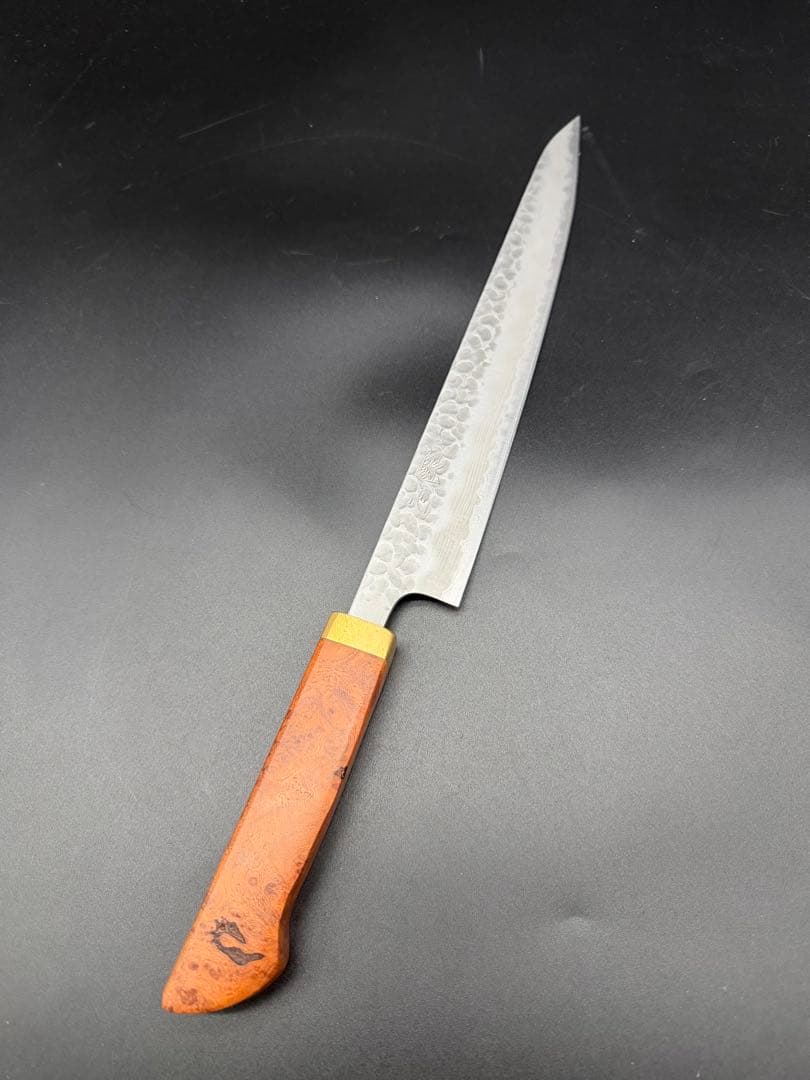 日本製　青紙スーパー鋼割り込み筋引き包丁240mm 花梨瘤柄