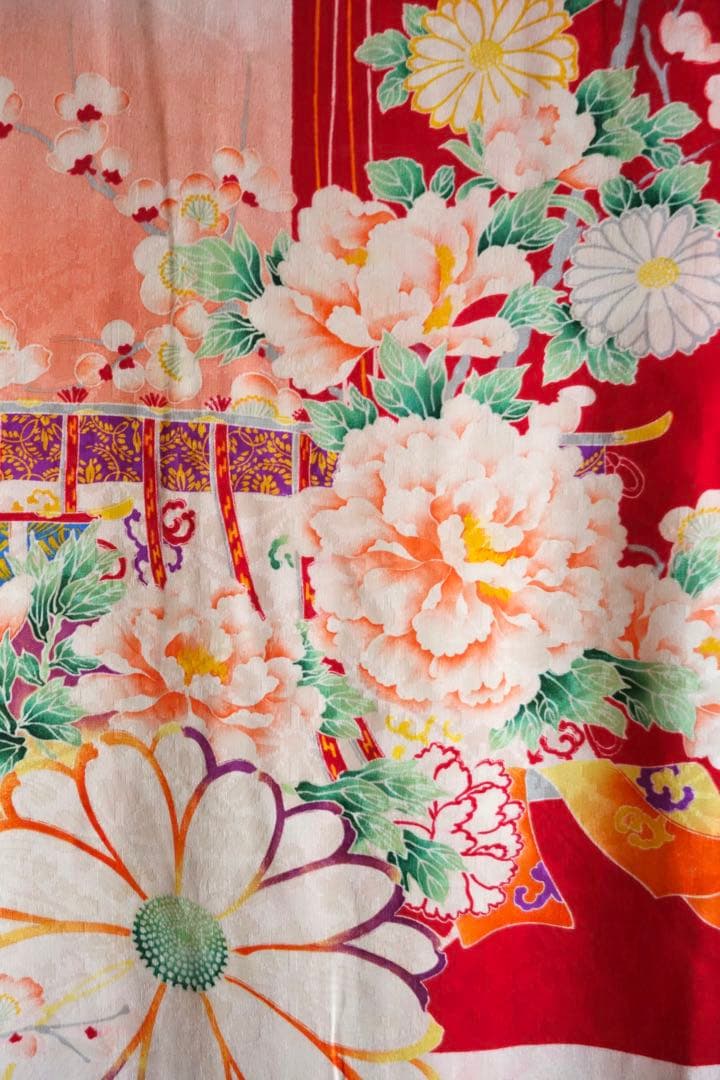 アンティーク四つ身　子ども着物　七五三　お雛祭りに　市松に花薬玉　大正ロマン