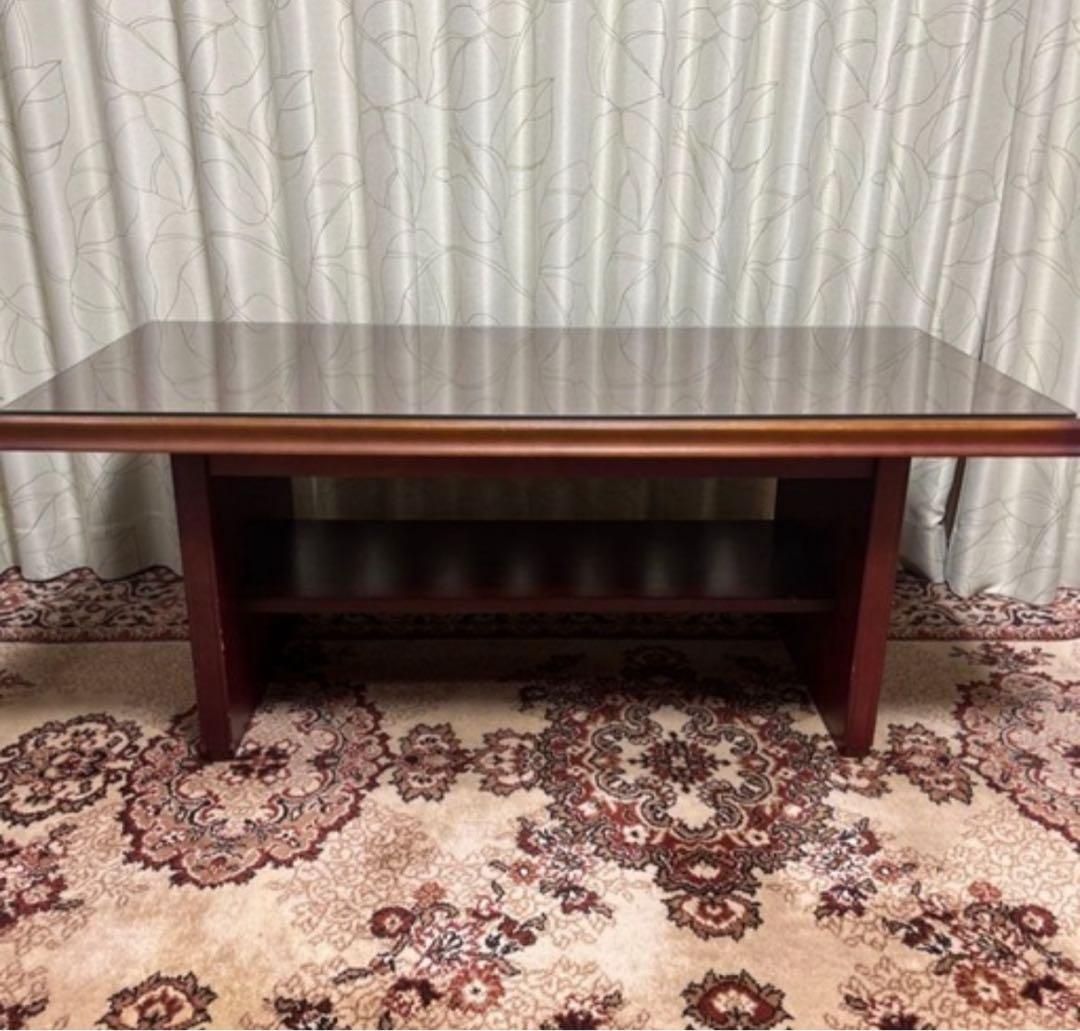 木製 ダークブラウン ガラス付き センターテーブル