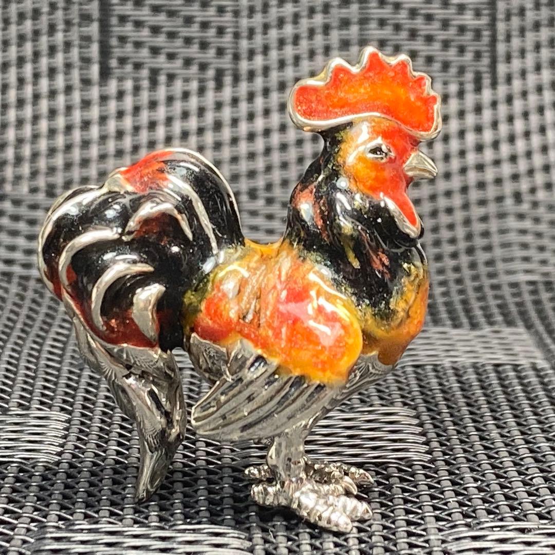 サツルノ　銀細工　SV925　雄鶏　長鳴鳥　フュギュリン　エナメル彩色　伊製
