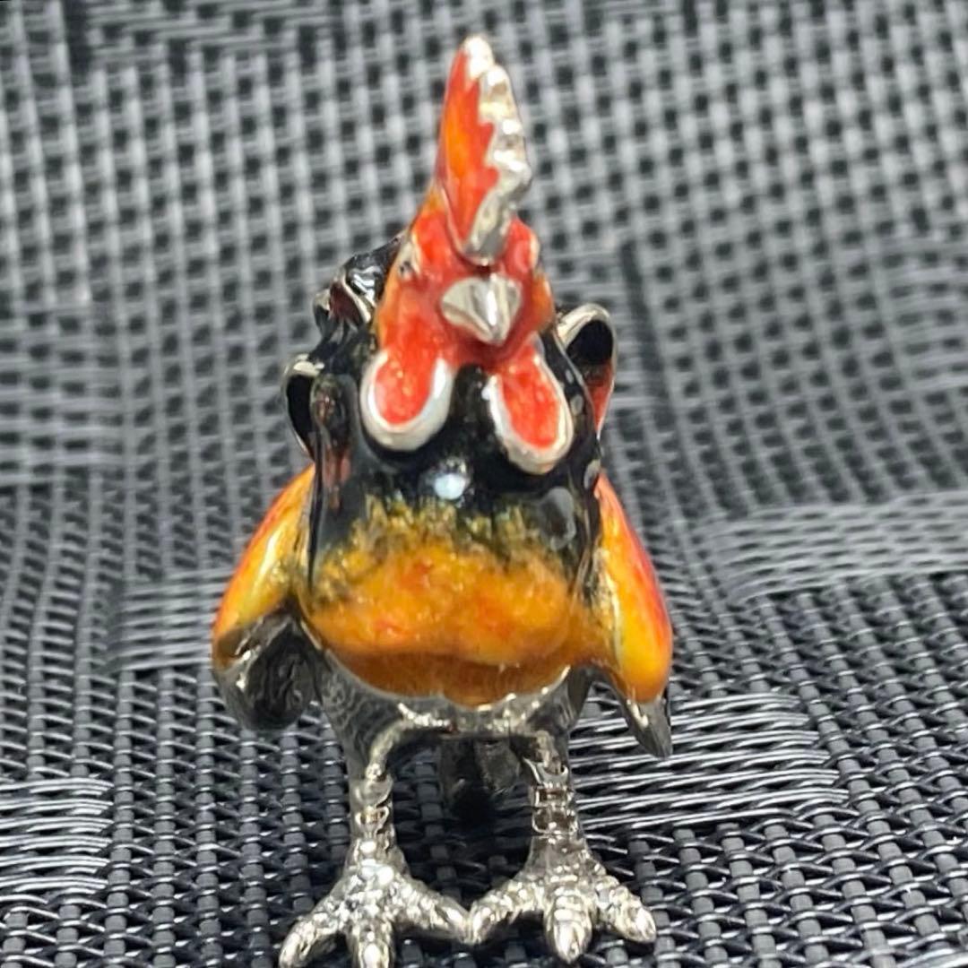 サツルノ　銀細工　SV925　雄鶏　長鳴鳥　フュギュリン　エナメル彩色　伊製