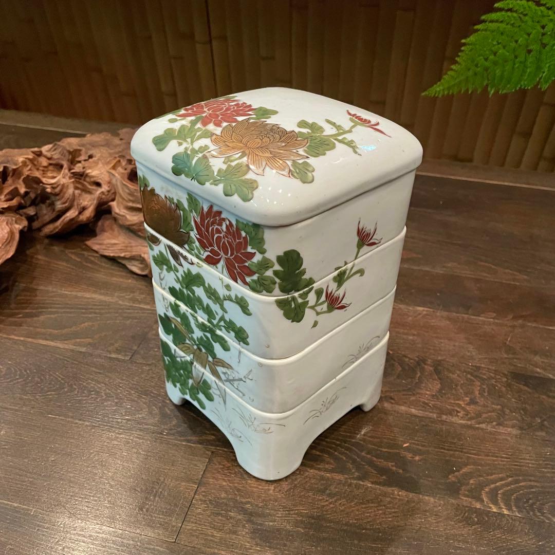 ビンテージ 金彩 菊 笹 重箱★陶磁器 古民家 骨董 粋 レトロ アンティーク