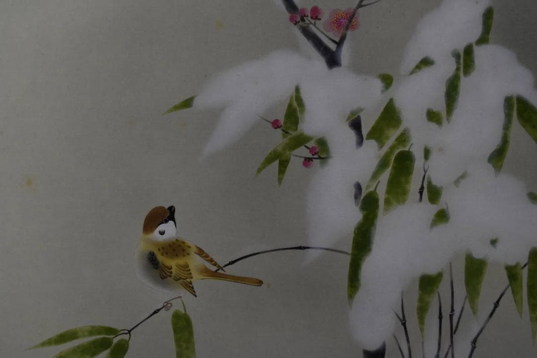 真作】稲葉桑文/紅梅に雀図/雪梅小禽図/掛軸/名家