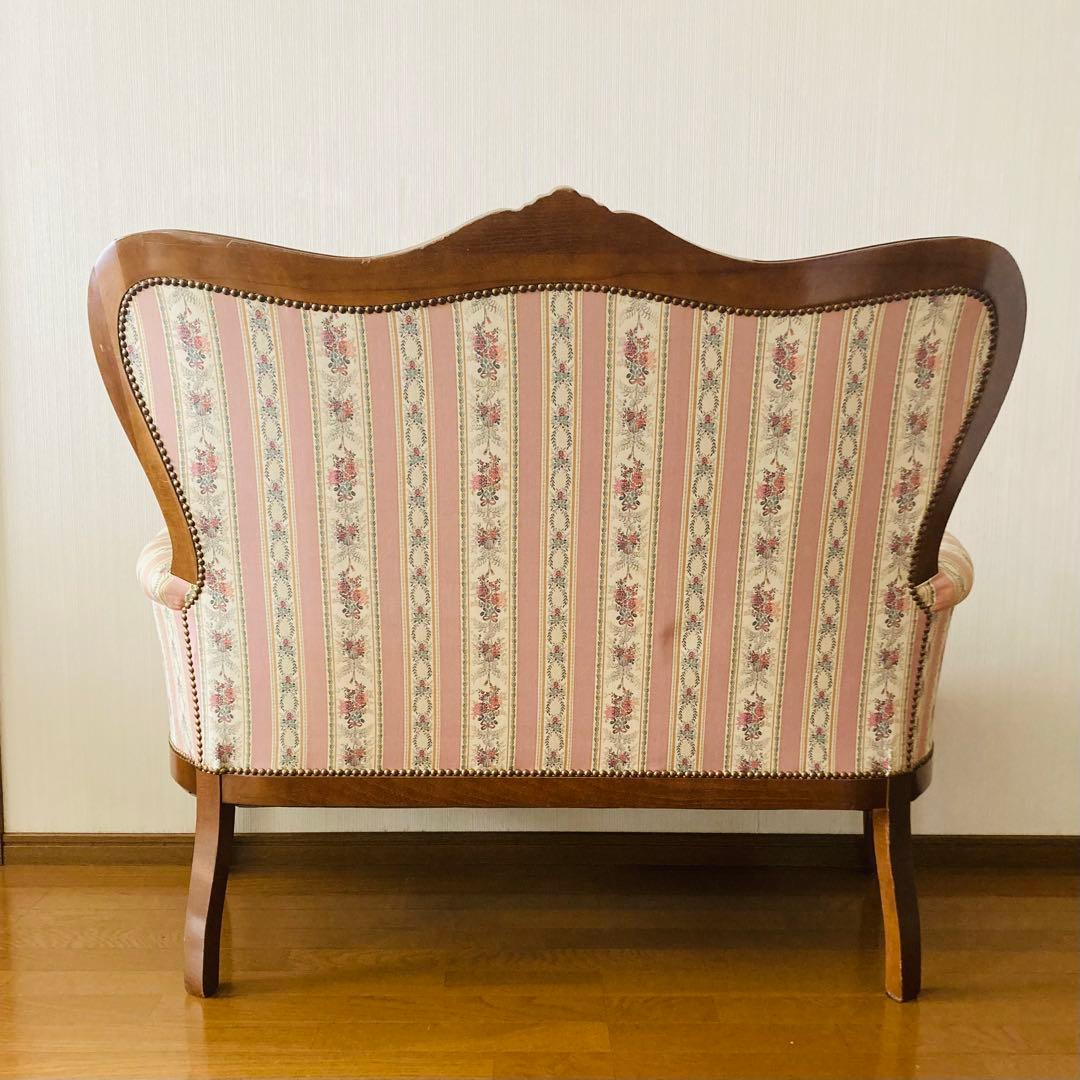 ꧁姫家具꧂ ロココ様式　木製花柄アームチェア　二人掛けソファー　猫脚　ダブル