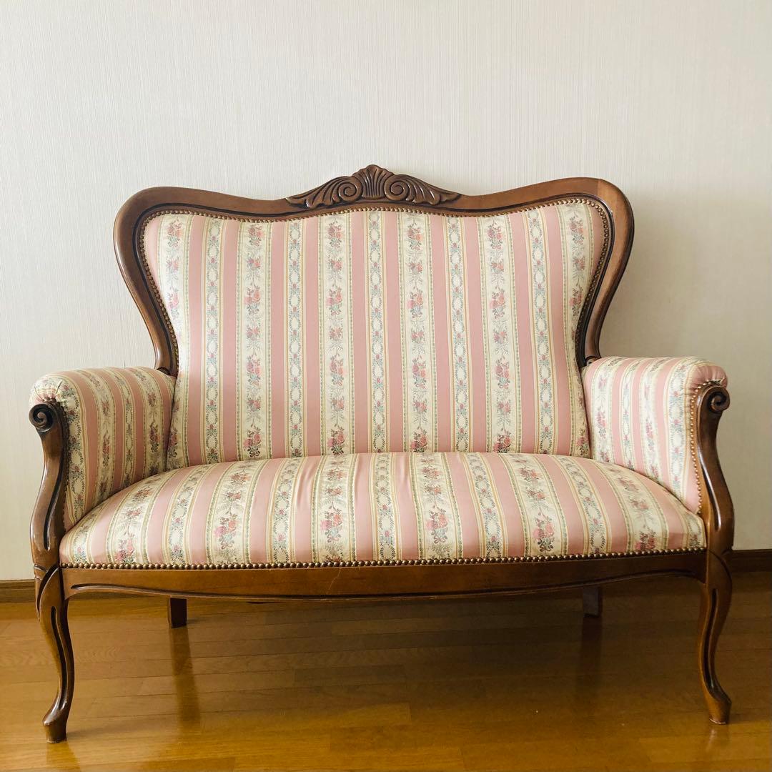 ꧁姫家具꧂ ロココ様式　木製花柄アームチェア　二人掛けソファー　猫脚　ダブル