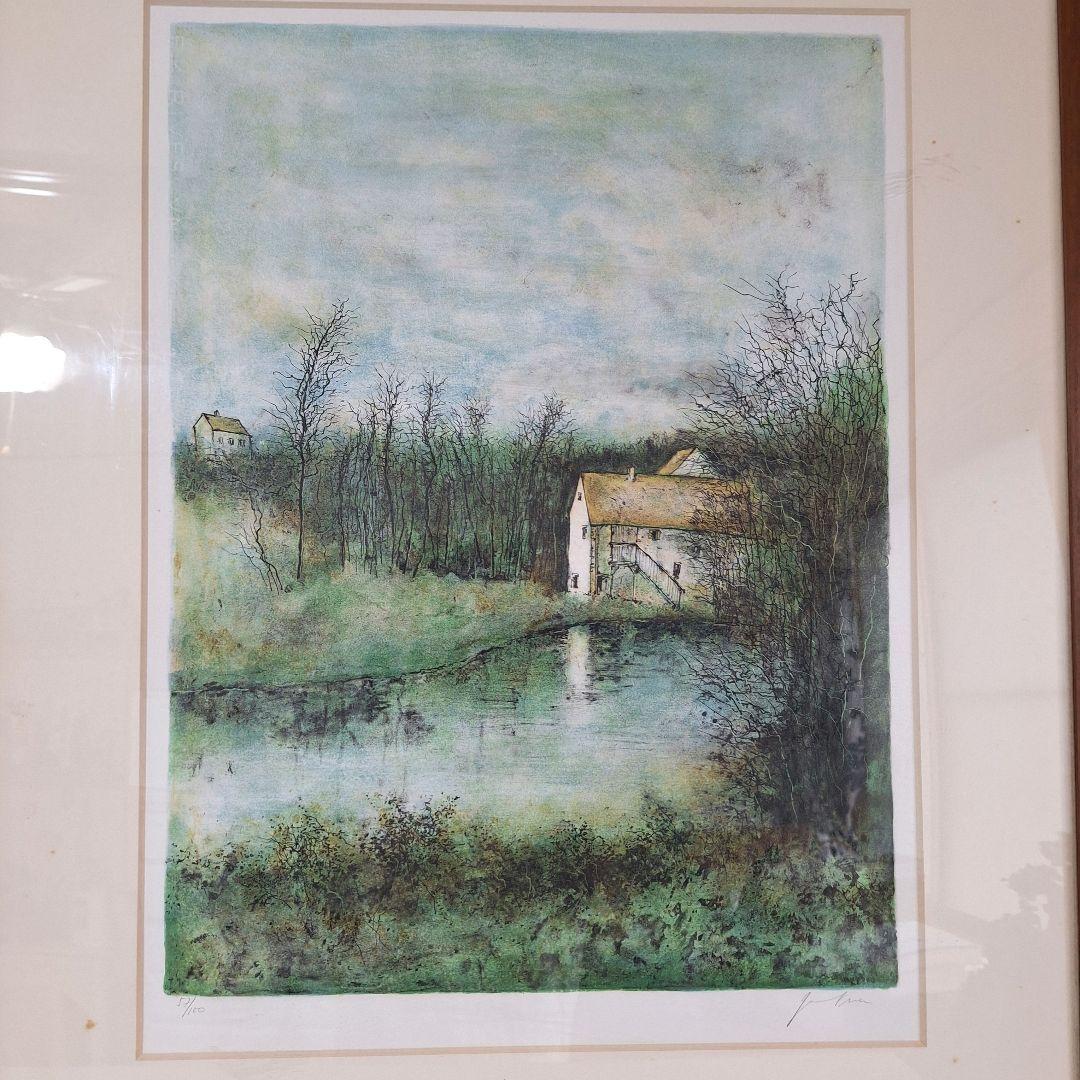 真作】ベルナール・ガントナー「水辺の家」リトグラフ 100部限定 鉛筆