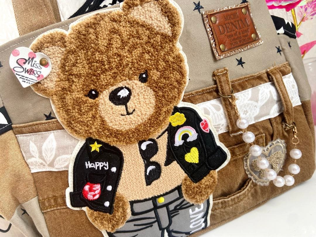 デニムリメイクバッグ　ブラウンデニム×くま