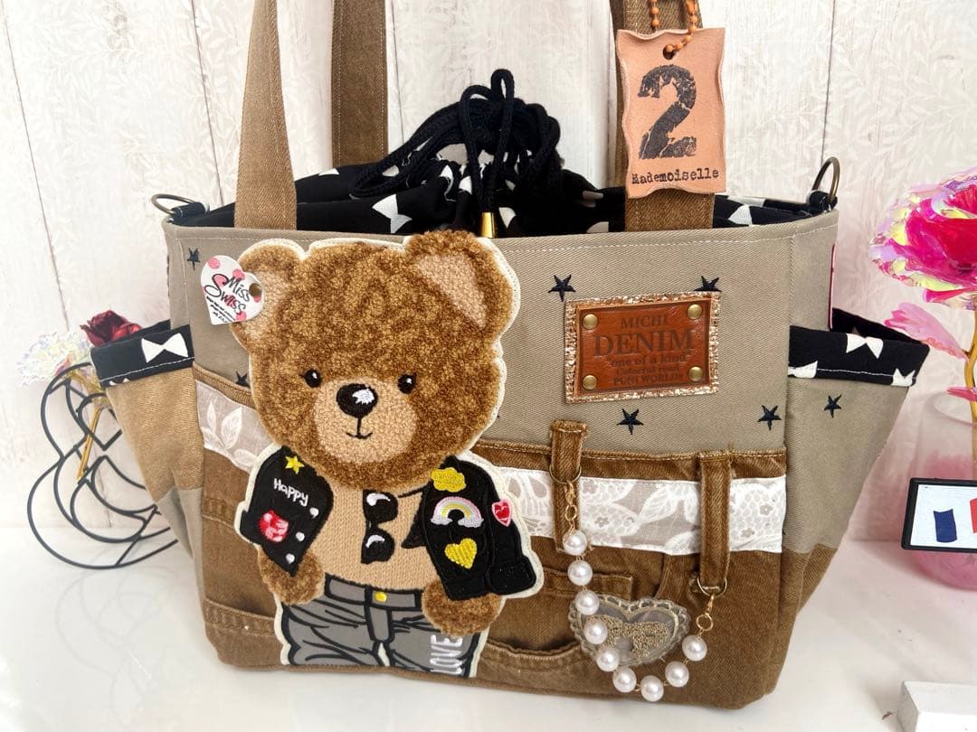 デニムリメイクバッグ　ブラウンデニム×くま