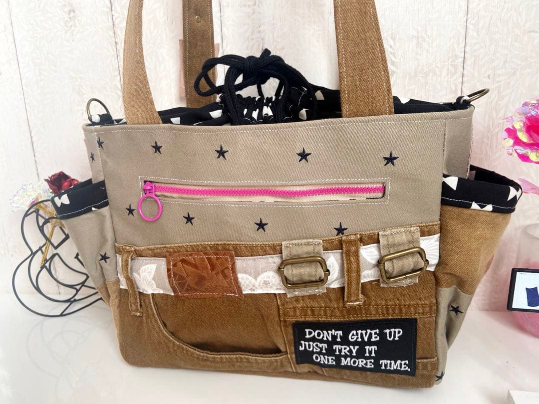 デニムリメイクバッグ　ブラウンデニム×くま