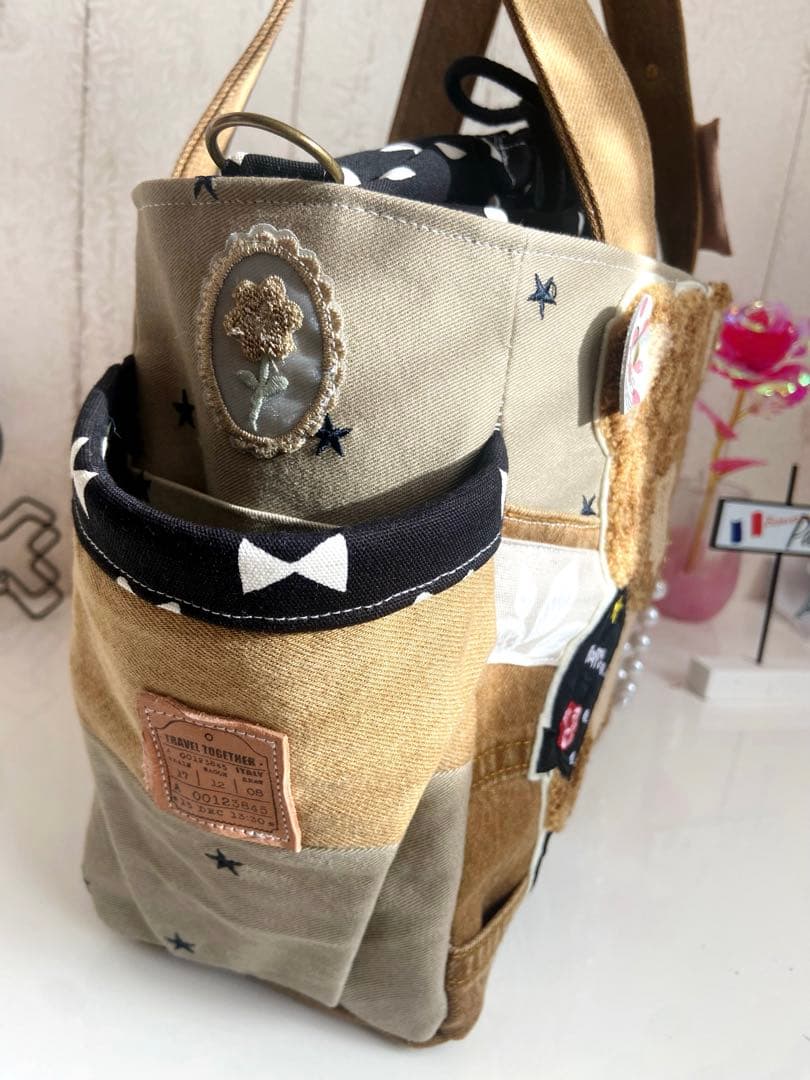 デニムリメイクバッグ　ブラウンデニム×くま