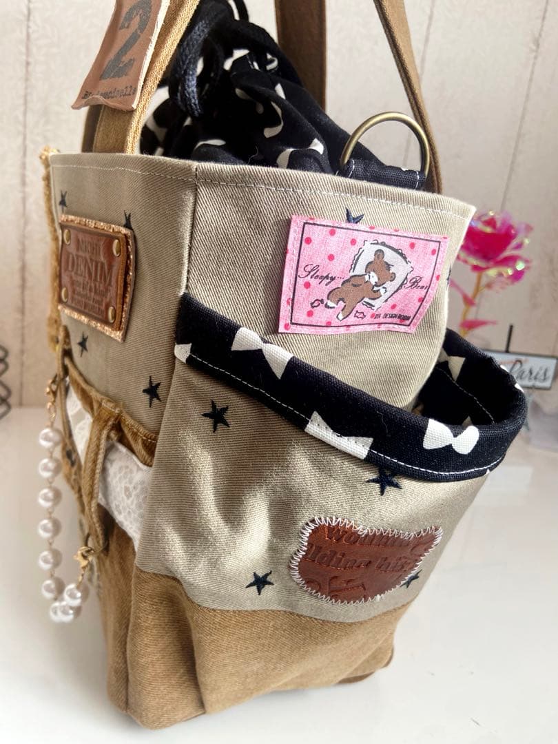 デニムリメイクバッグ　ブラウンデニム×くま