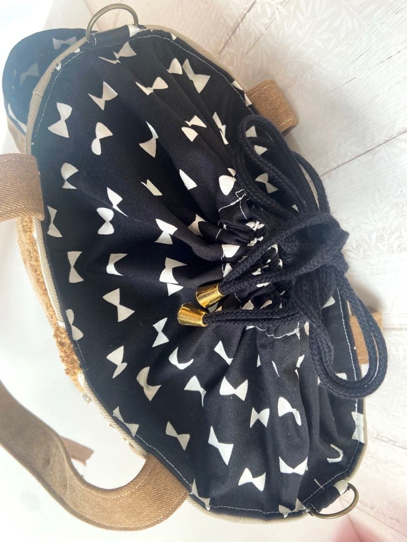 デニムリメイクバッグ　ブラウンデニム×くま