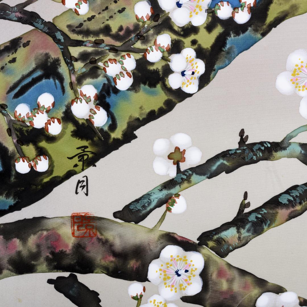 F10　肉筆水彩　日本画　梅とメジロ　高級木製額縁付属　外寸約713×638mm