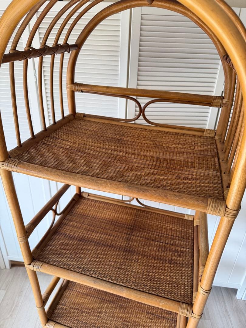 ヴィンテージ ラタンディスプレイラック 付き4段飾り棚 籐家具 収納