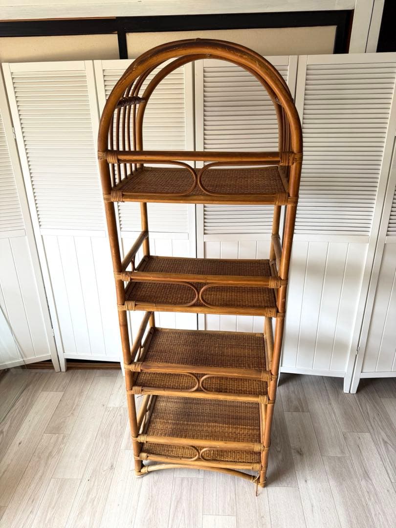 ヴィンテージ ラタンディスプレイラック 付き4段飾り棚 籐家具 収納