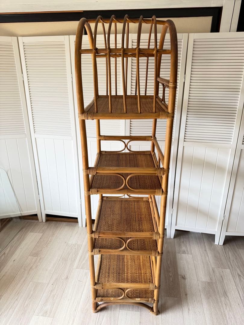 ヴィンテージ ラタンディスプレイラック 付き4段飾り棚 籐家具 収納