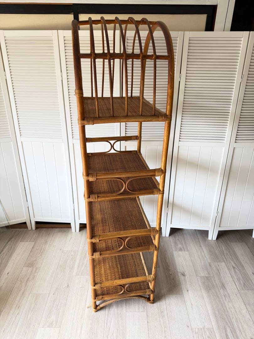 ヴィンテージ ラタンディスプレイラック 付き4段飾り棚 籐家具 収納