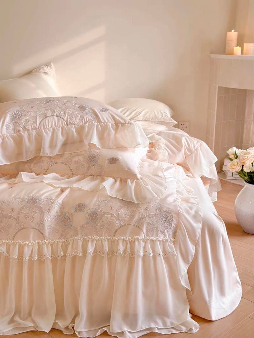 クリーム色フリル付きダブルシーツセット
