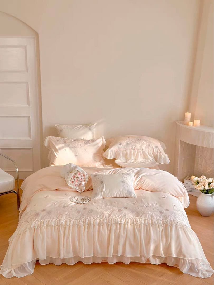クリーム色フリル付きダブルシーツセット