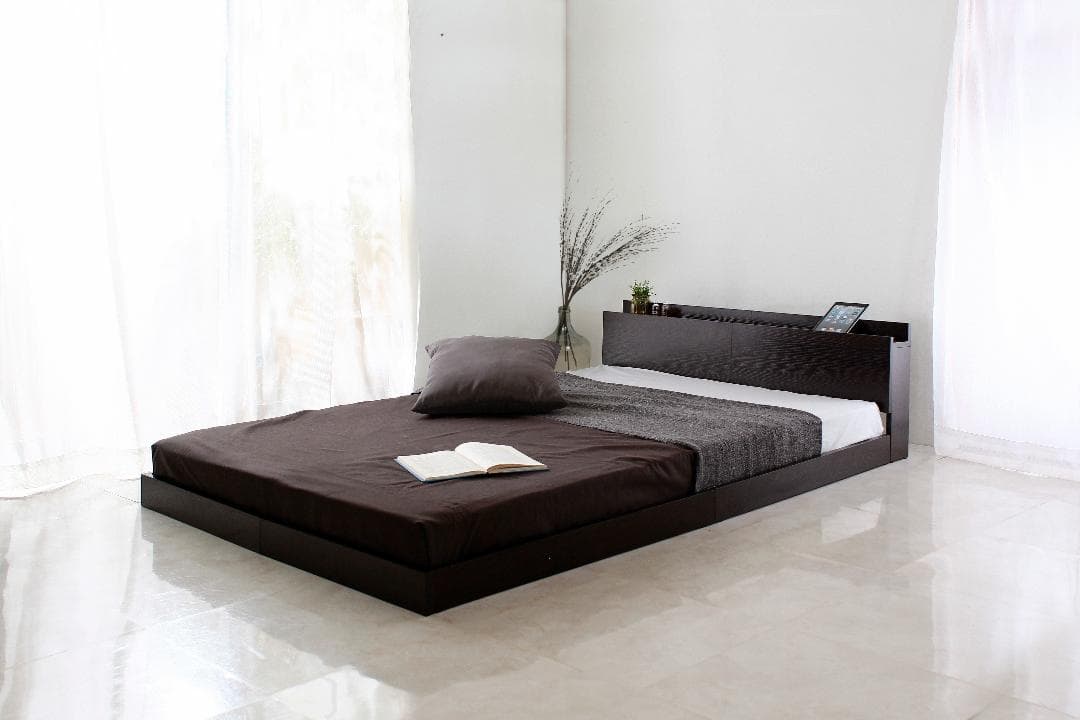 【ブラウン　シングル　マットレス付】便利な宮付きフロアベッド　ローベッド