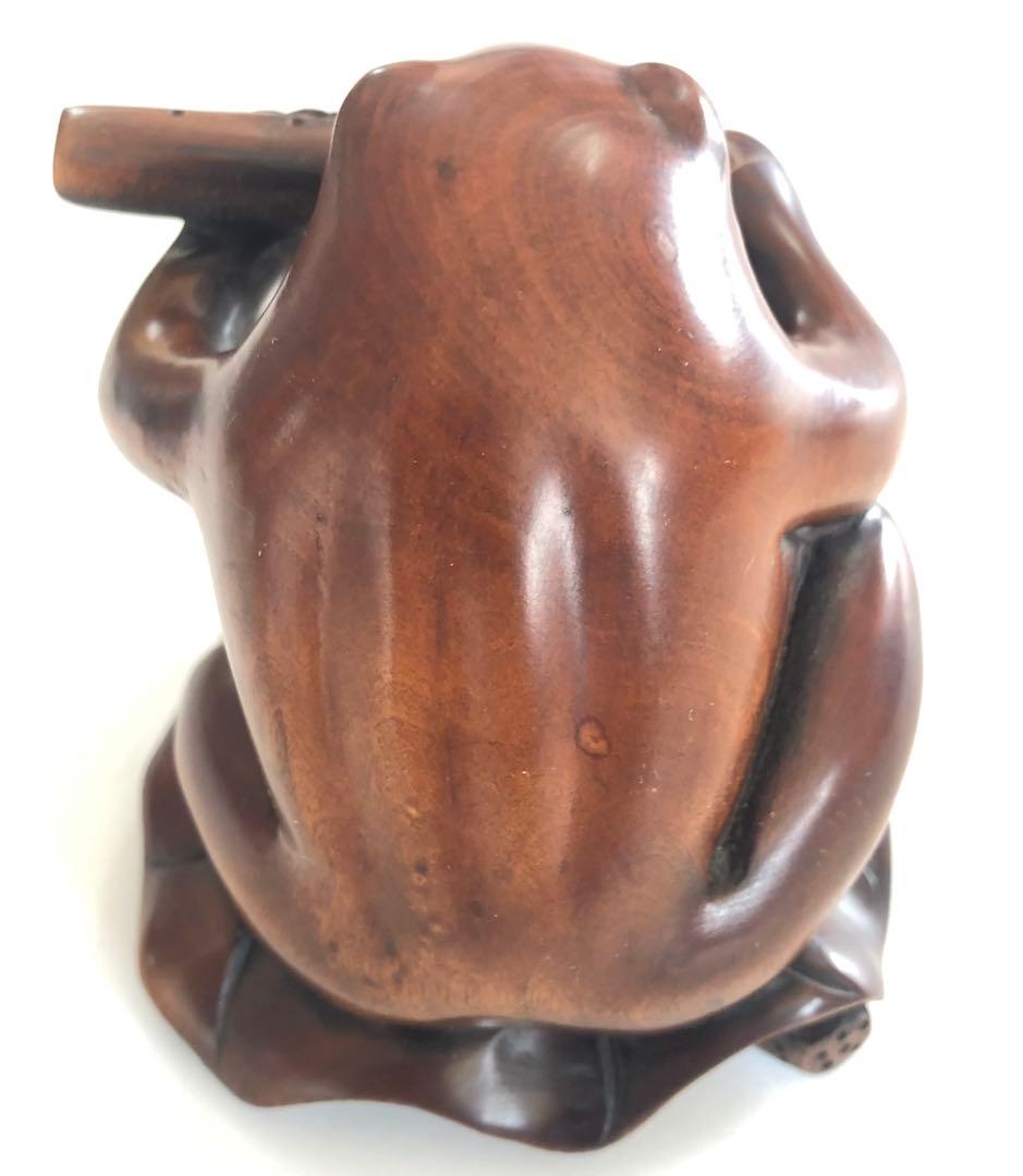 カエル蓮に音楽蛙手作り一刀彫りアンティークオブジェインテリア現品無料発送