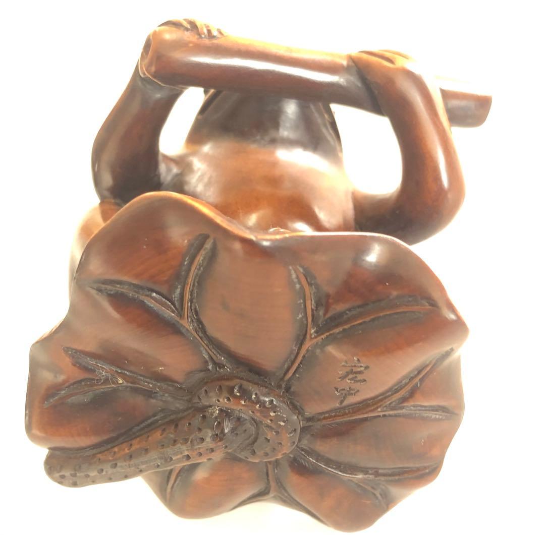 カエル蓮に音楽蛙手作り一刀彫りアンティークオブジェインテリア現品無料発送