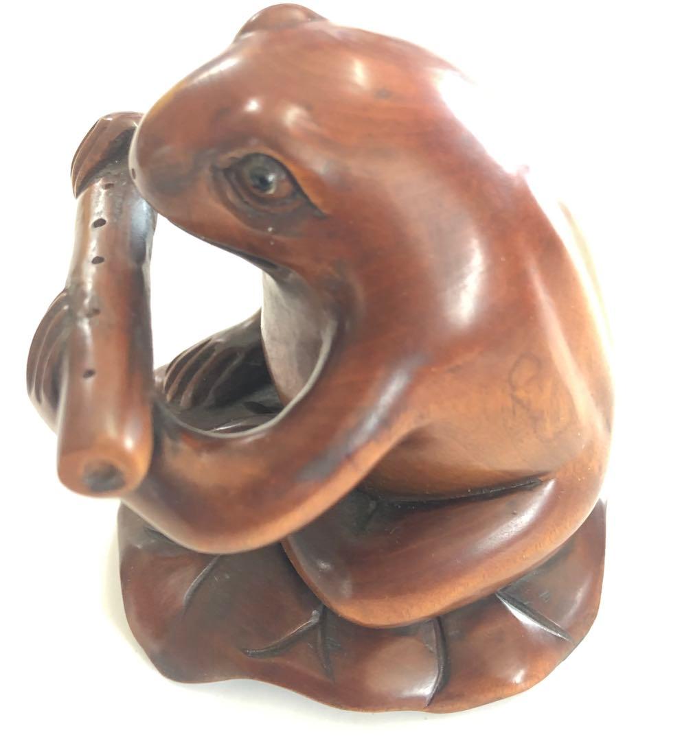 カエル蓮に音楽蛙手作り一刀彫りアンティークオブジェインテリア現品無料発送