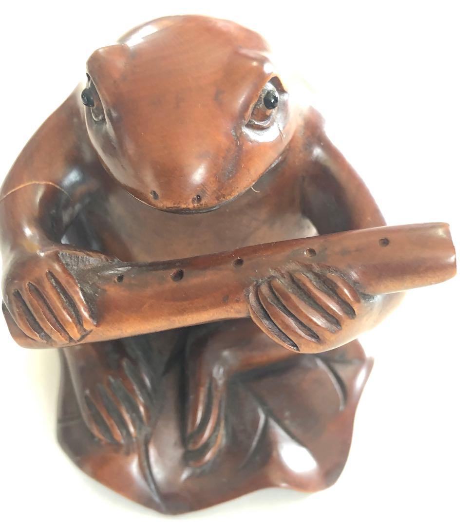 カエル蓮に音楽蛙手作り一刀彫りアンティークオブジェインテリア現品無料発送