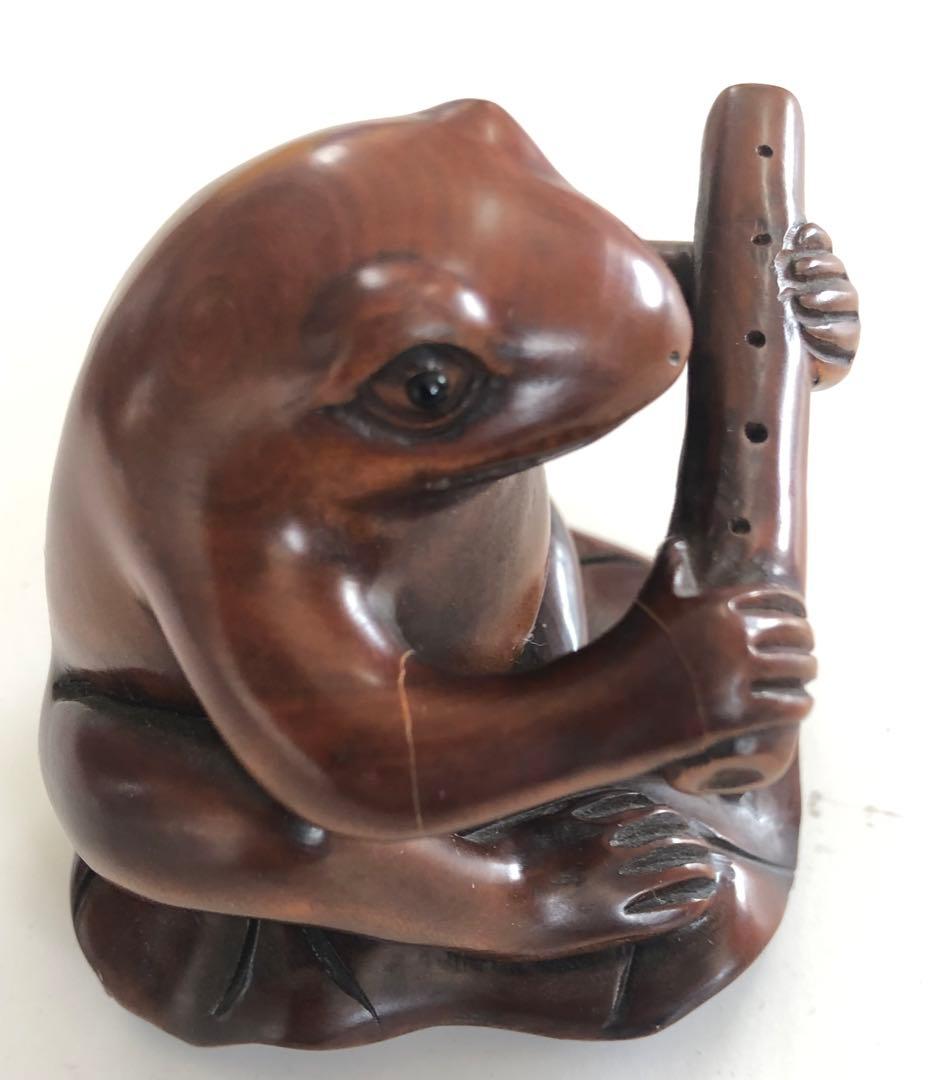 カエル蓮に音楽蛙手作り一刀彫りアンティークオブジェインテリア現品無料発送