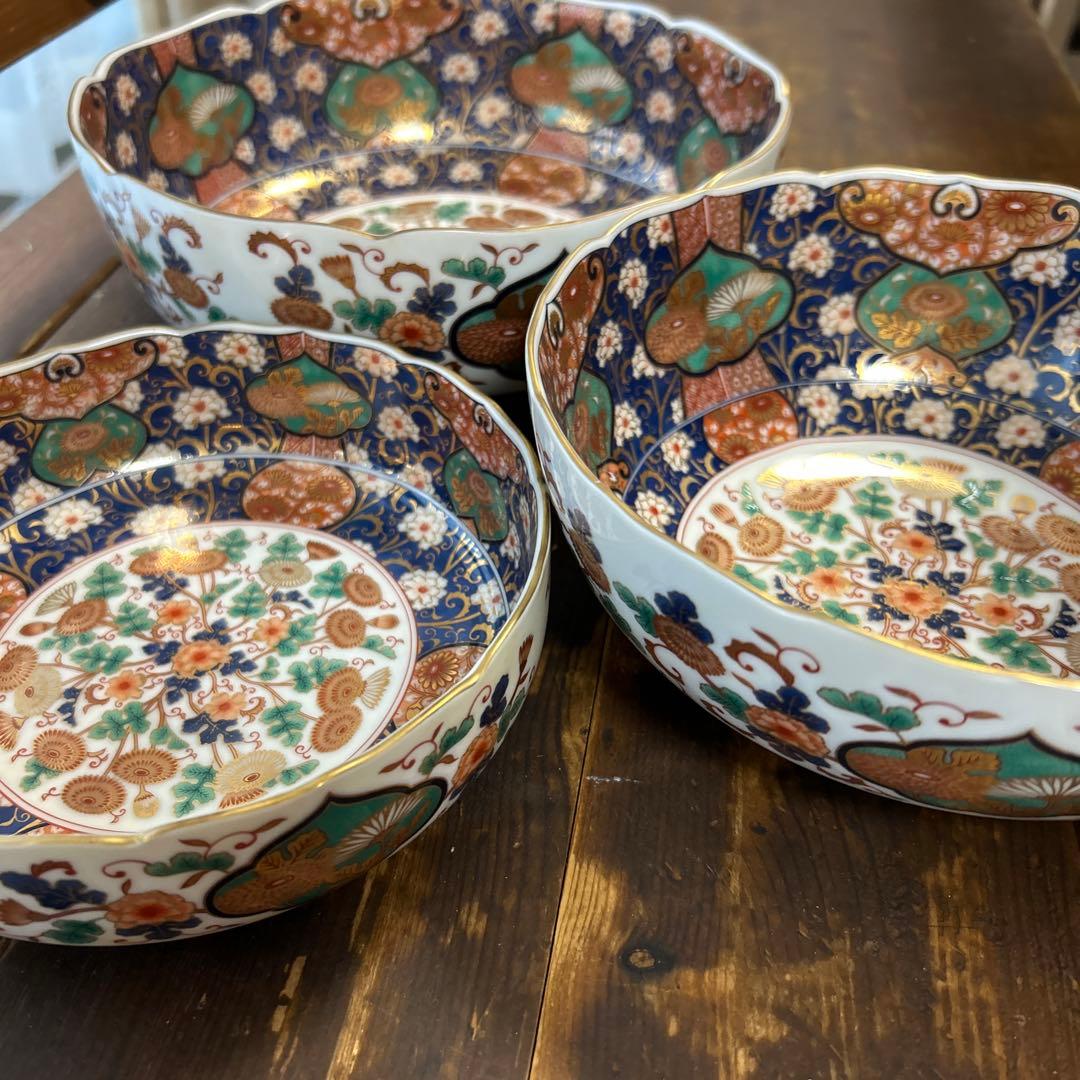 前畑陶器　庫山窯 菊金唐草 金彩　古伊万里　豪華3種　3種鉢　お正月　お節