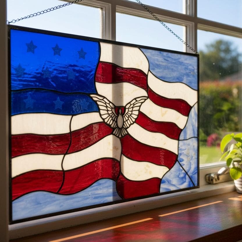 特大【61.5×39cm】ステンドグラスパネル アメリカンフラッグ 鳩 壁掛け