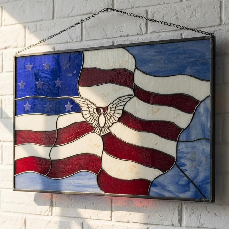 特大【61.5×39cm】ステンドグラスパネル アメリカンフラッグ 鳩 壁掛け