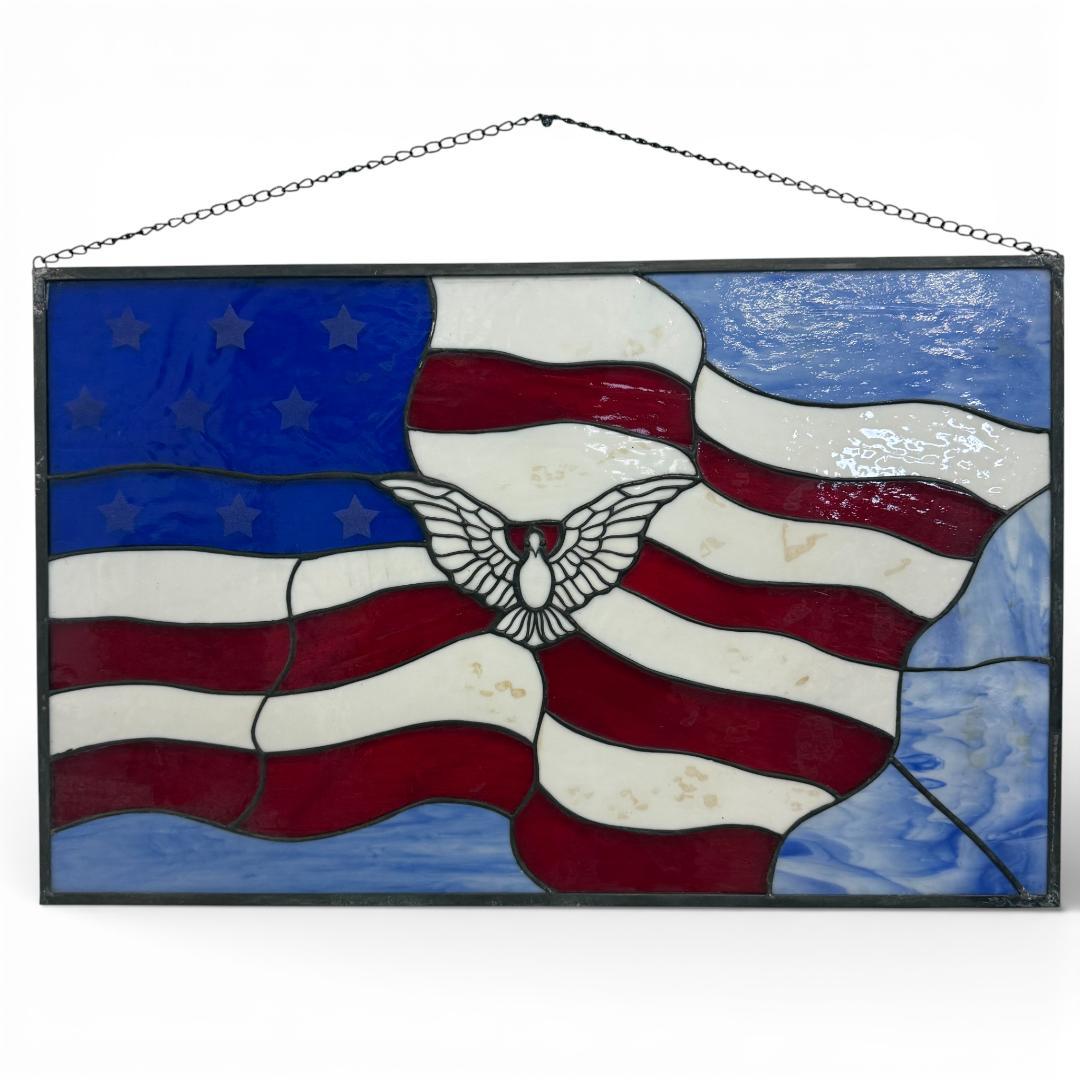 特大【61.5×39cm】ステンドグラスパネル アメリカンフラッグ 鳩 壁掛け
