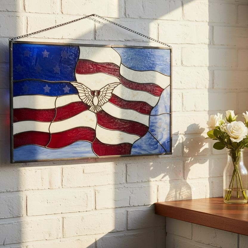 特大【61.5×39cm】ステンドグラスパネル アメリカンフラッグ 鳩 壁掛け
