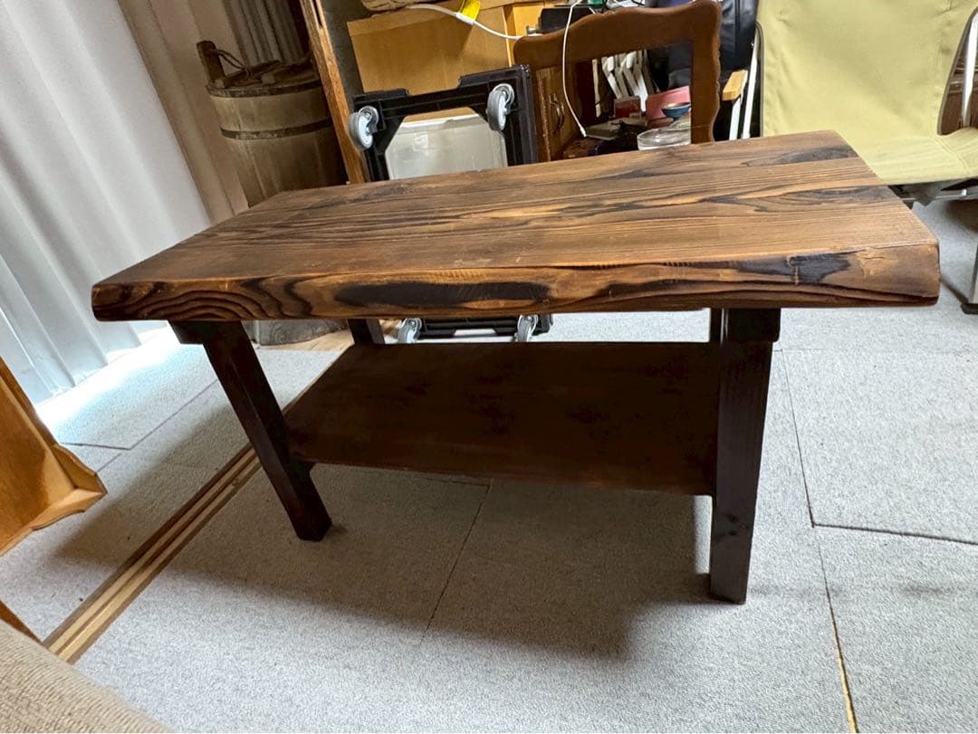 焼杉 ローテーブル 無垢材 棚付き 和モダン カフェ風　インテリア家具