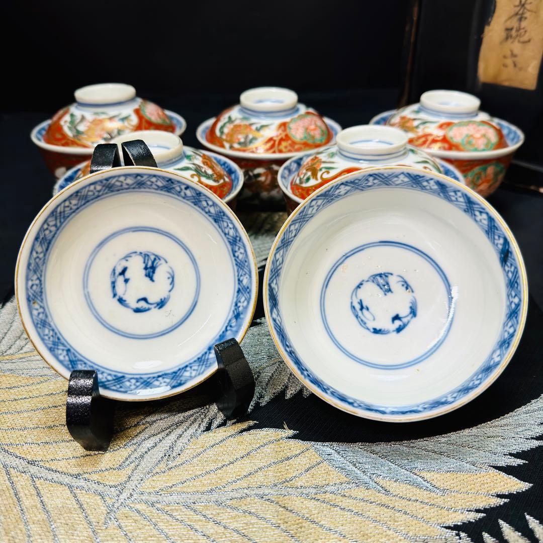 古伊万里　金蘭錦手　金彩鳳凰唐花草絵　蓋碗　蓋付き茶碗　明治　6客　木箱