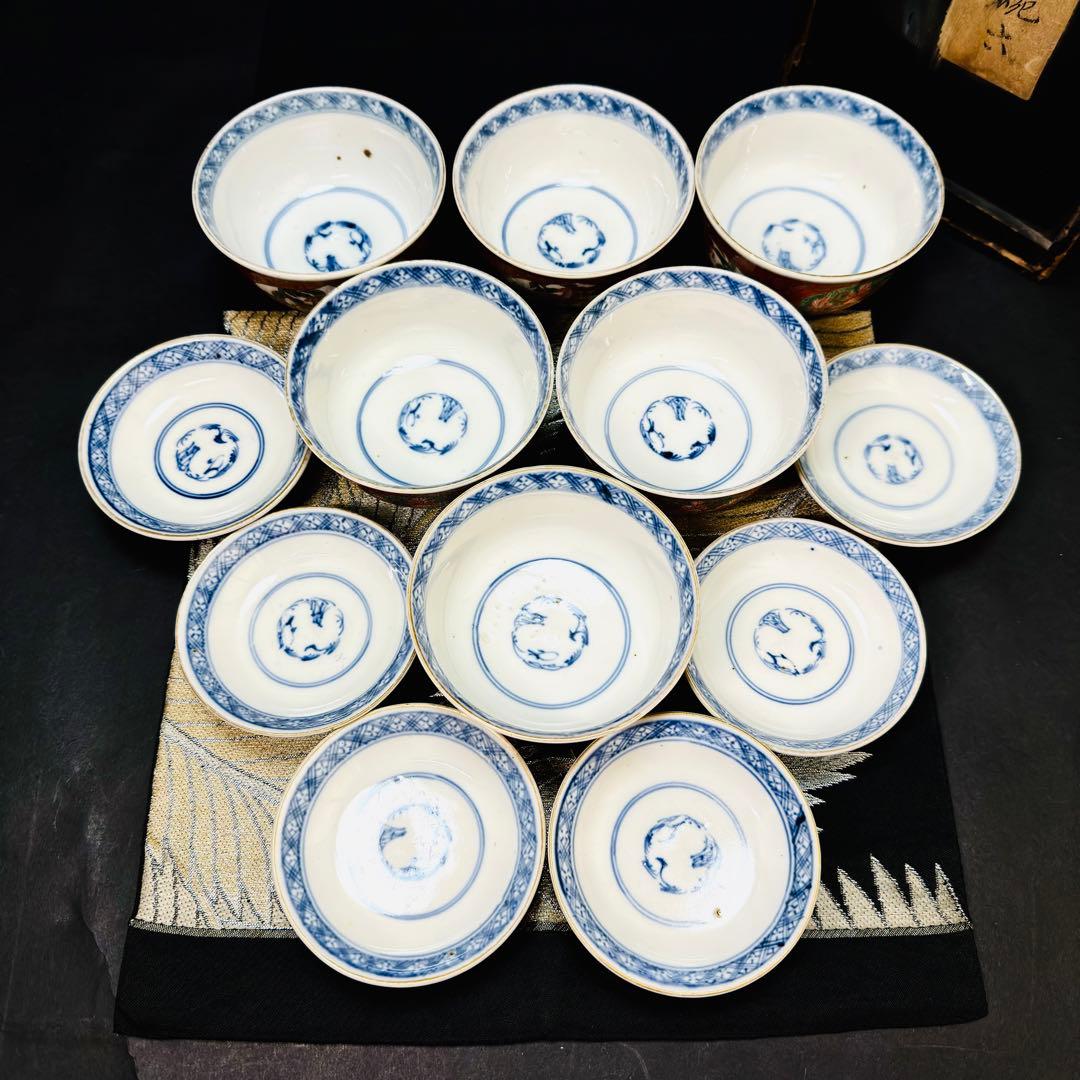 古伊万里　金蘭錦手　金彩鳳凰唐花草絵　蓋碗　蓋付き茶碗　明治　6客　木箱