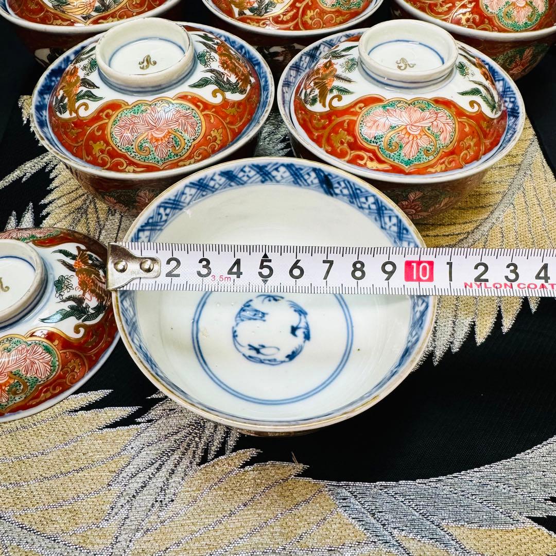 古伊万里　金蘭錦手　金彩鳳凰唐花草絵　蓋碗　蓋付き茶碗　明治　6客　木箱