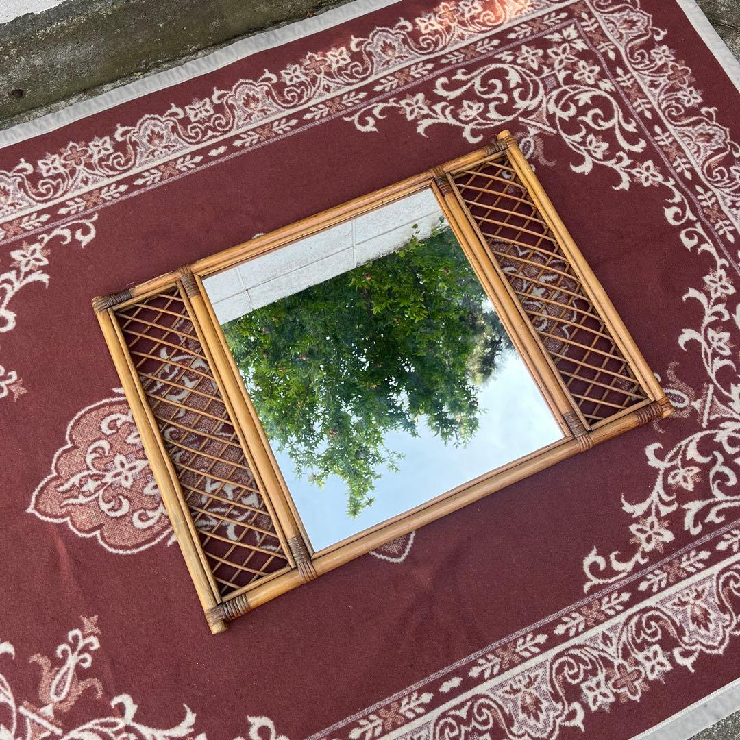 古雑貨ビンテージ品◾️籐ラタンパネル 壁掛けミラー ウォールミラー 鏡