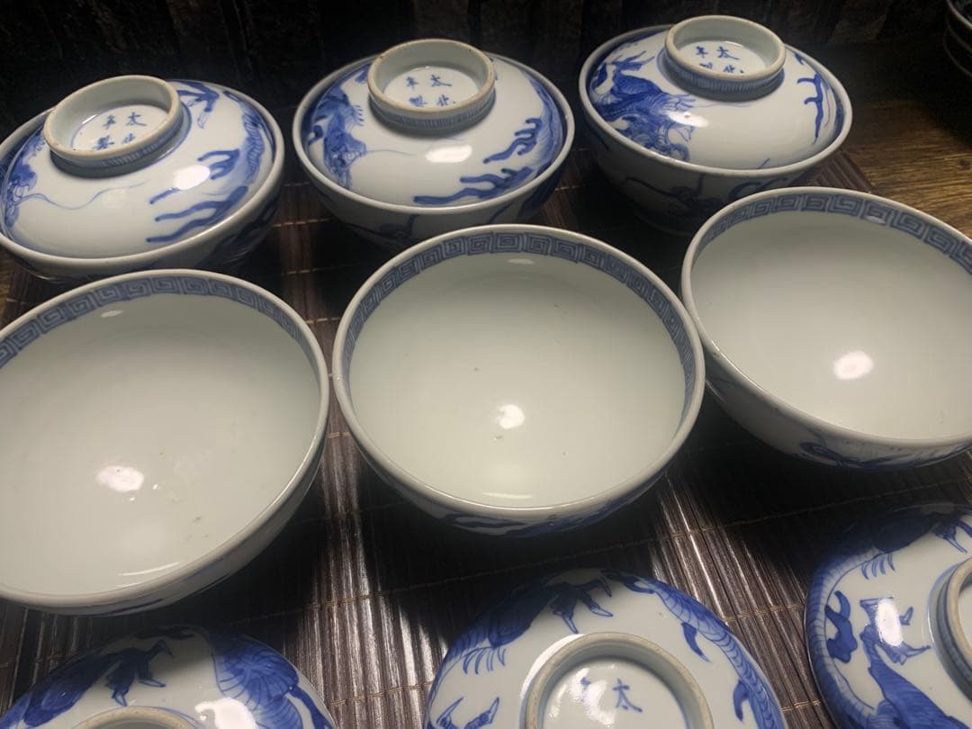 太化年製 古伊万里 染付龍文 蓋付飯碗6個