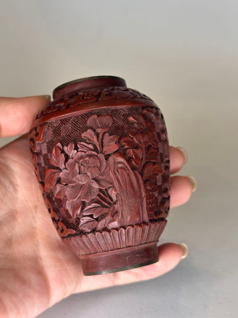 民国時代 剔紅 堆朱 壺 茶入 蓋付 彫漆文 時代物 中国古美術
