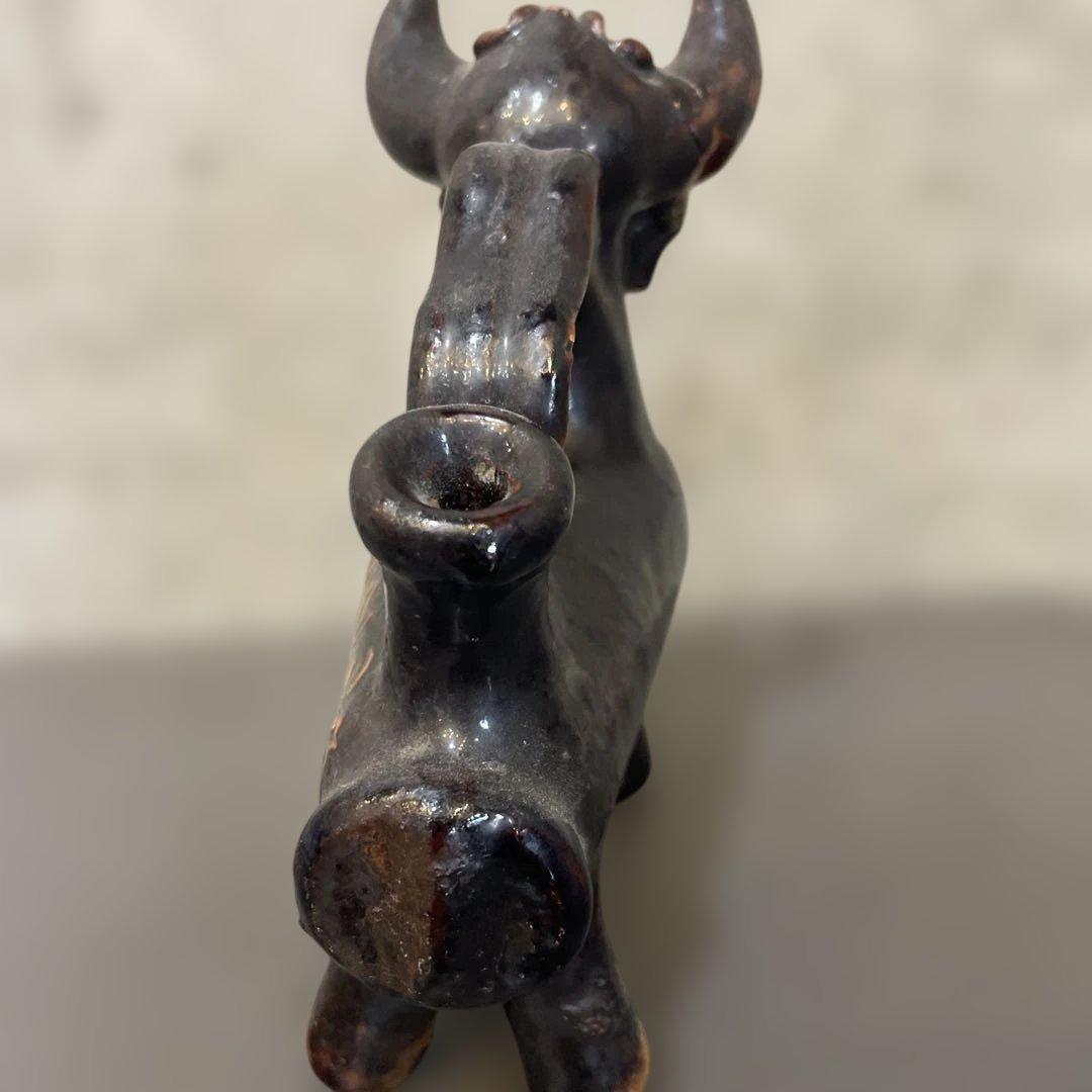 ヴィンテージ スペイン陶器製 雄牛のボティホ：動物の形をした水瓶、クエンカ