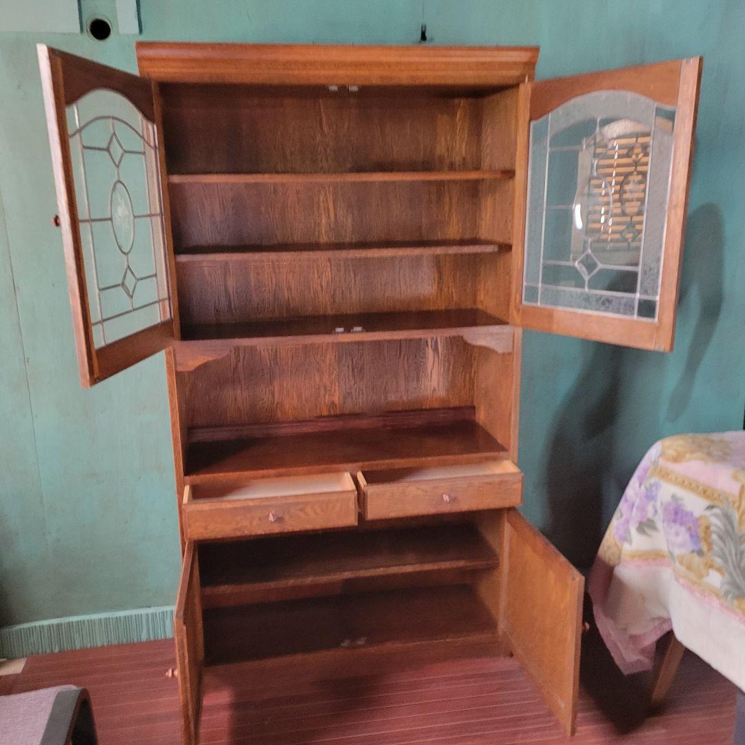 三越家具 Brugge ブルージュ 食器棚 キャビネット 楢材ステンドグラス英国