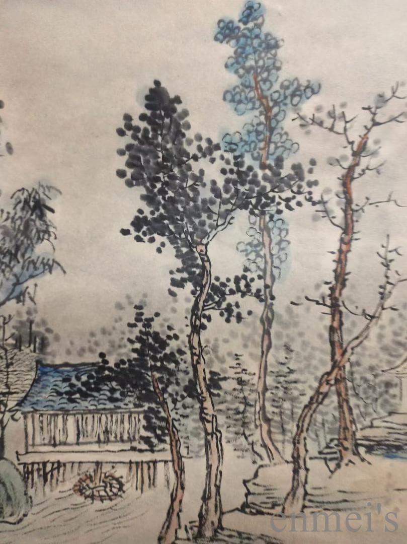 中国古美術.清時代.王原祁款.山水図.宣紙画.三尺手描き.水墨画.掛軸